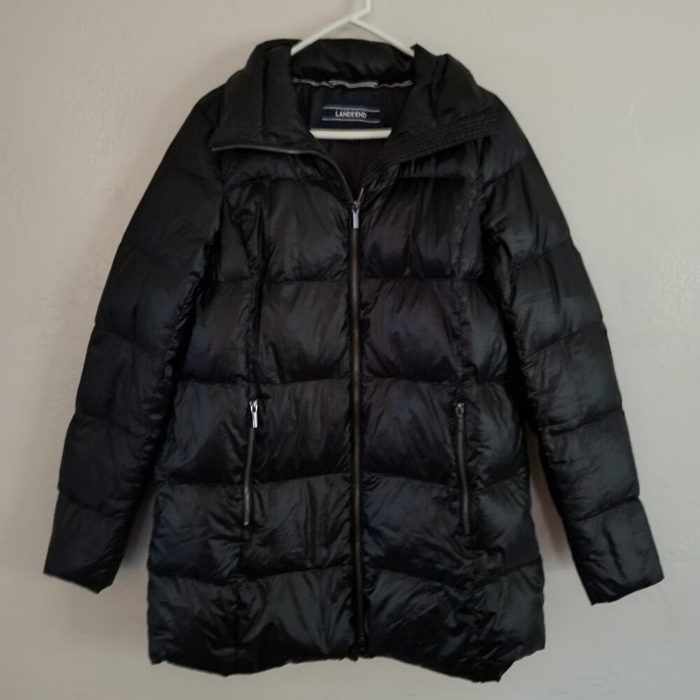 Land's End thigh length lightweight quilted coat, Black, 10-12, M/T